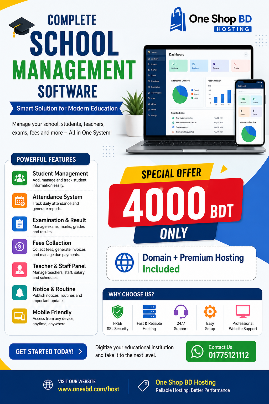 আপনার স্কুলের জন্য আধুনিক ও সম্পূর্ণ ফ্রি School Management Software খুঁজছেন? এখনই নিয়ে নিন ডোমেইন + হোস্টিংসহ বিশেষ অফার মাত্র ৪০০০ টাকা! 🚀